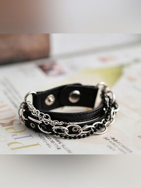 Black Leather Chain Bracelet with Silver Hardware